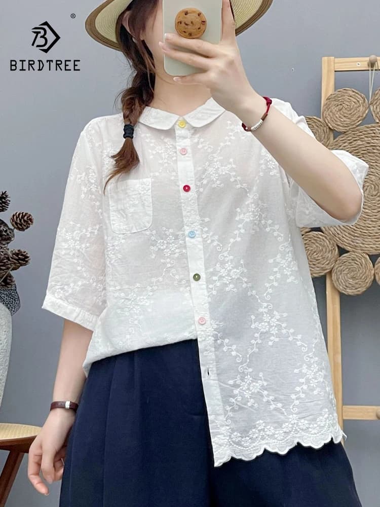 Nuova Camicia Estiva 2026 da Donna in Cotone a Mezza Manica, Colletto Risvoltato con Ricamo in Pizzo, Blusa Sottile e Larga Stile Mori Girl OL Casual T65425CC