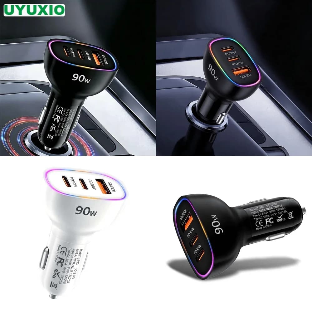 90W Car Charger Multi Port Fast Charging Dual PD 30W Type C USB A 30W Adapter for Laptop MacBook PPS QC3.0 SCP RGB LED Ambient