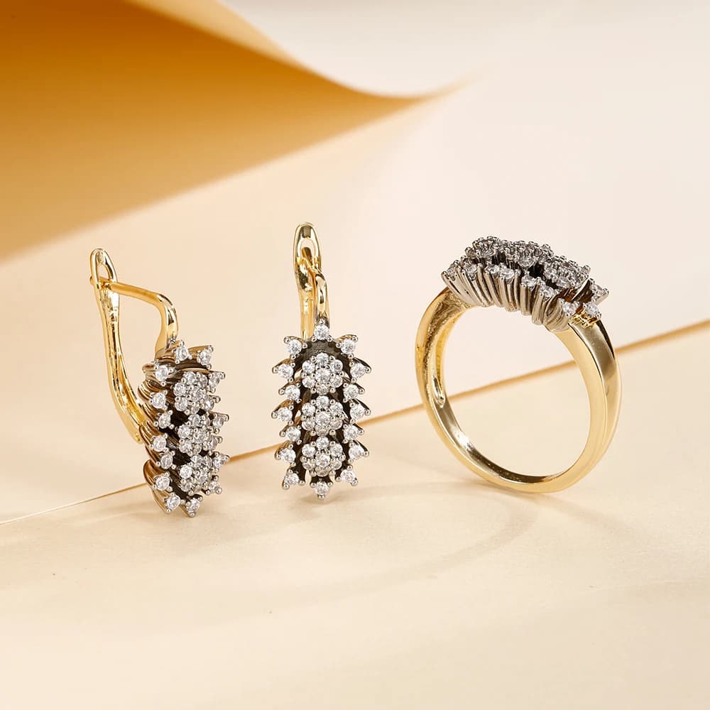 French light luxury fan-shaped zircon earrings and rings two-tone set copper-plated 14K gold workplace banquet accessories