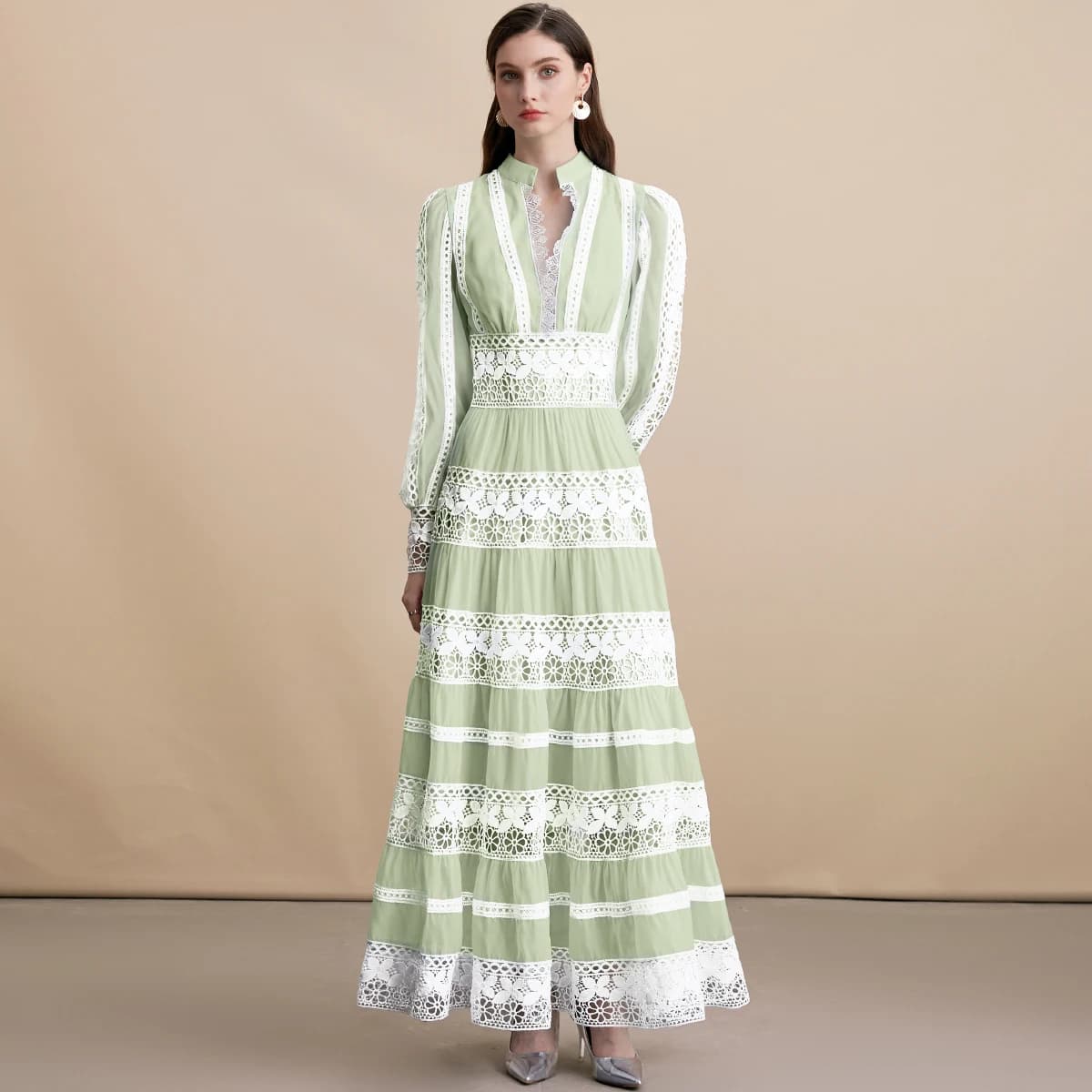 Ladies Boho Lace Panel Dress Lantern Sleeve Button Front Midi Length Summer Beach Holiday Flowy Casual Sundress
