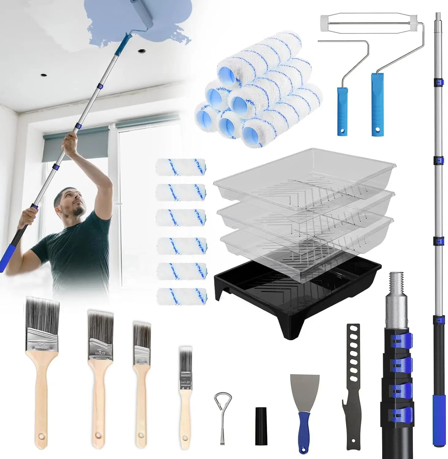 Kit Rullo per Pittura da 27 Pezzi con Asta Telescopica, Pennelli e Vaschette per Pittura d'Interni