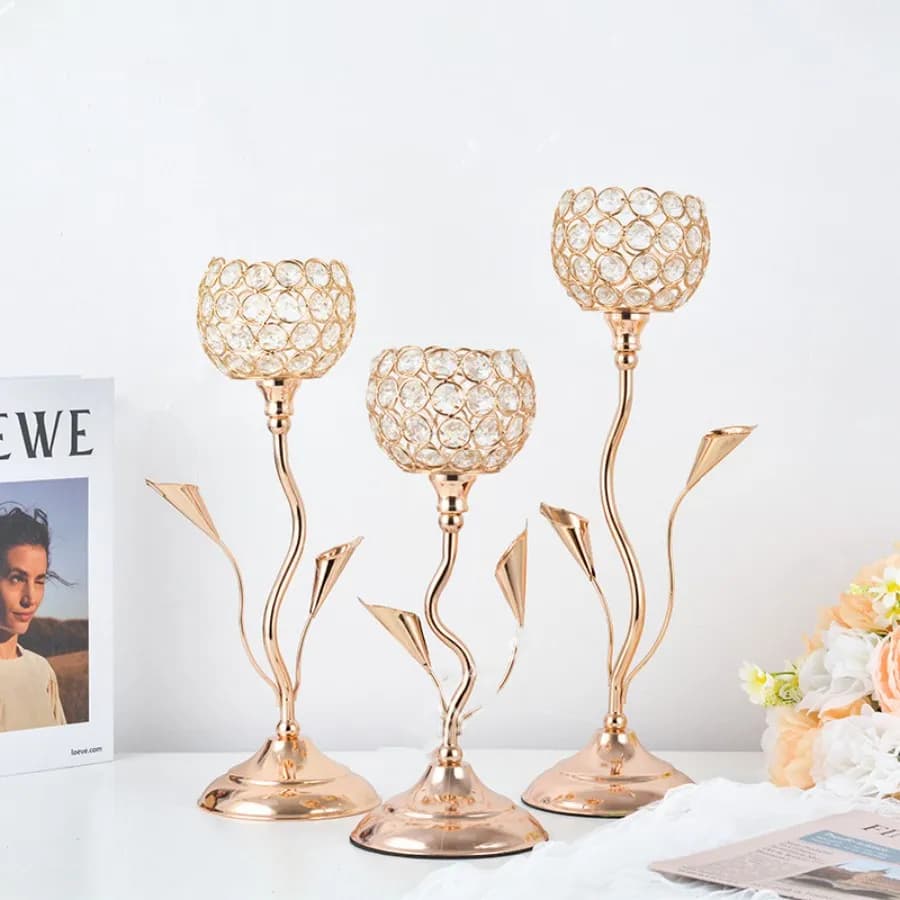 Golden crystal candle holder, iron flower candle holder, small set of vintage candlesticks for centerpiece, wedding, birthday