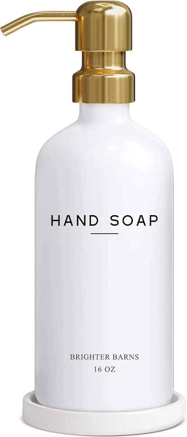 Dispenser di Sapone in Vetro di Lusso con Pompa in Acciaio Inox e Vassoio Rotondo - Decorazione Bagno Bianca e Oro