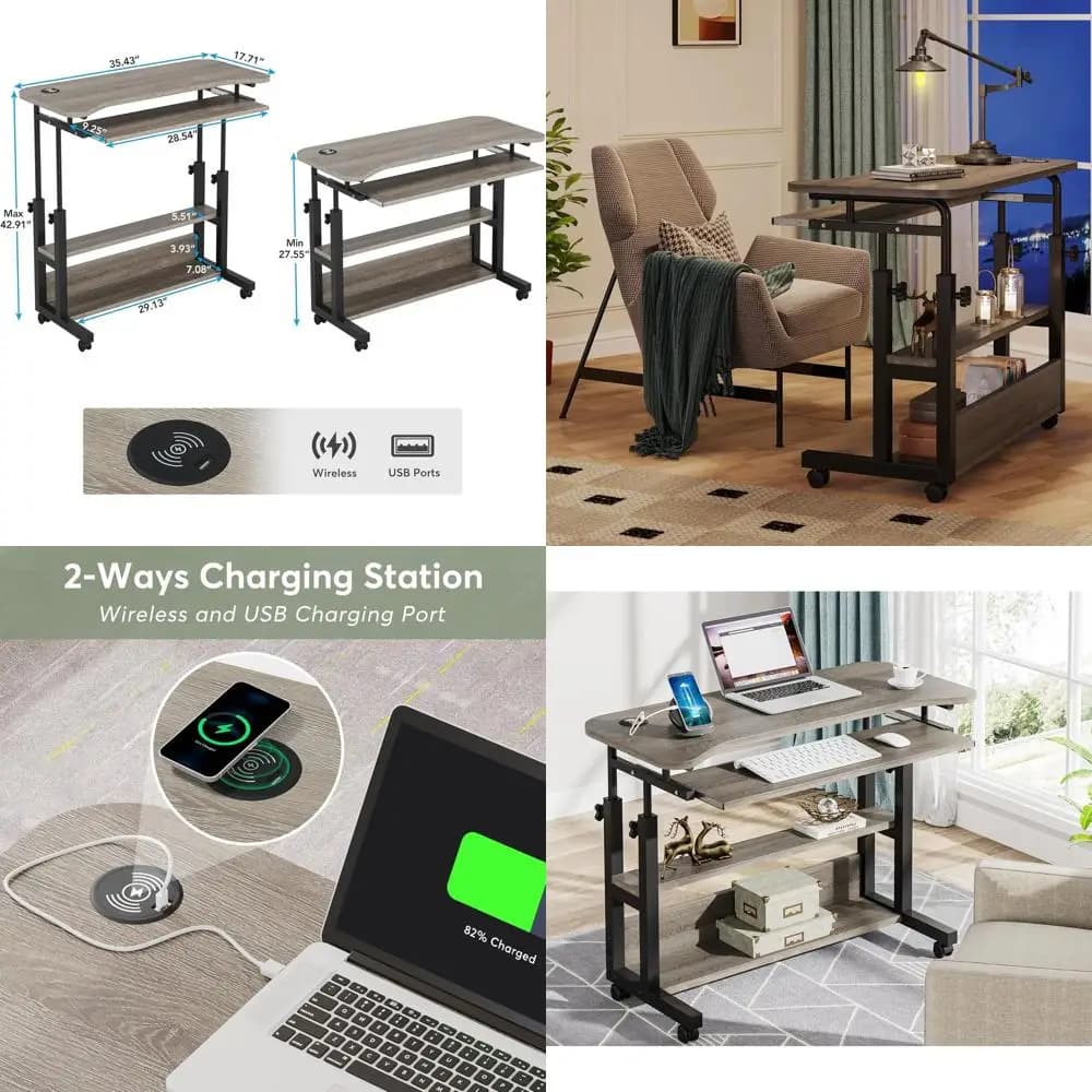 Scrivania per Laptop Regolabile in Altezza con Porte di Alimentazione e USB, Scrivania Compatta Regolabile in Altezza con Vassoio per Tastiera