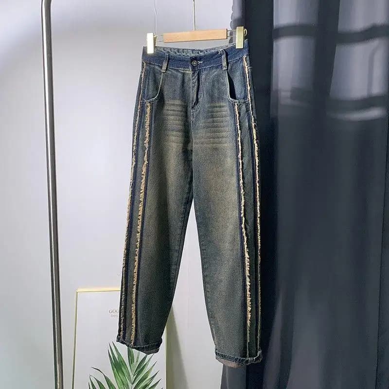 High Waist Wide Leg Denim Jeans Women's Spring Autumn New Style Casual Wear Resistant Deep Blue Straight Cut Floor Length