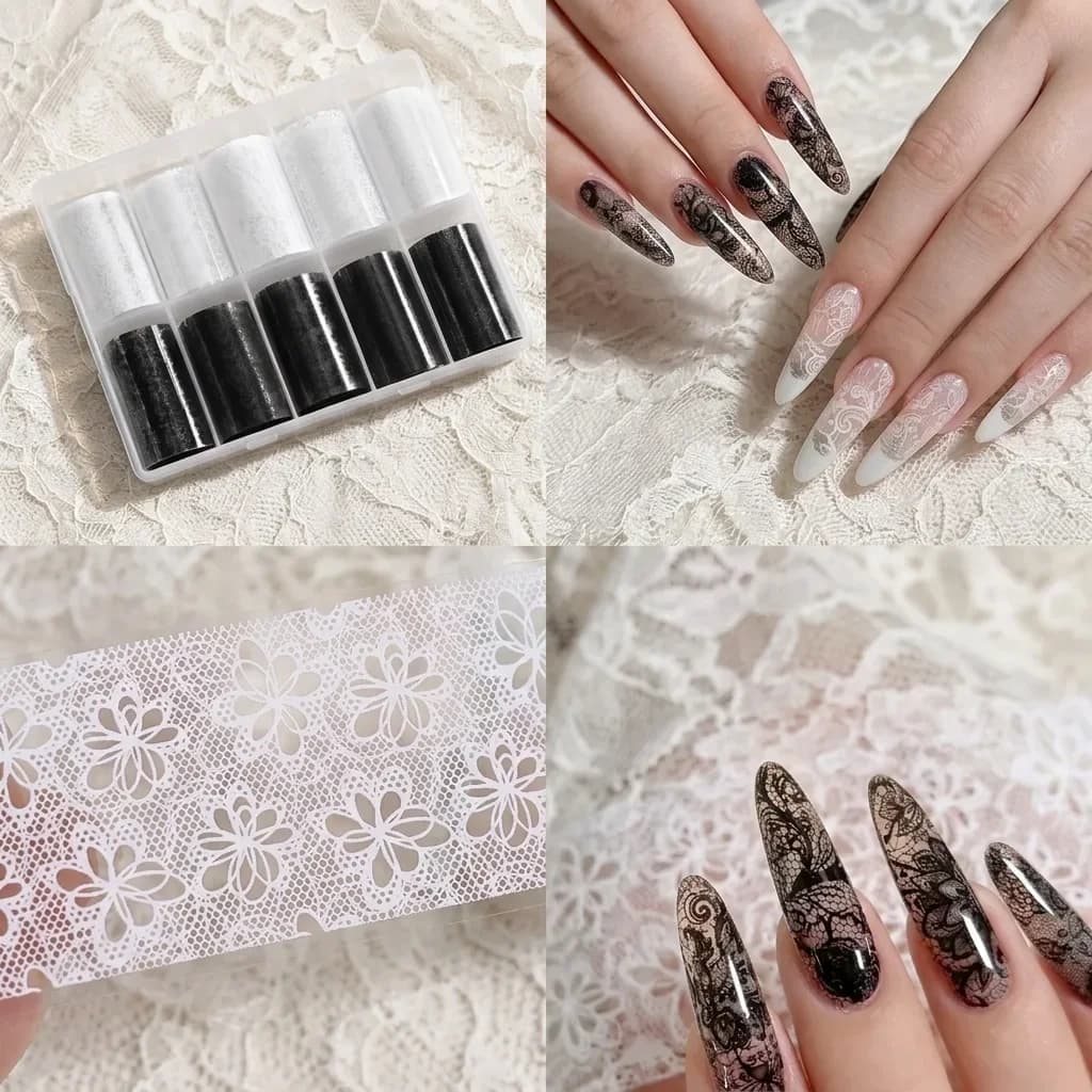 Vintage Lace Flower Nail Transfer Foil 10 Rolls Set Black White Floral Nail Art Transfer Paper Full Wrap Nail Foil Sticker For Beginners Nail Design