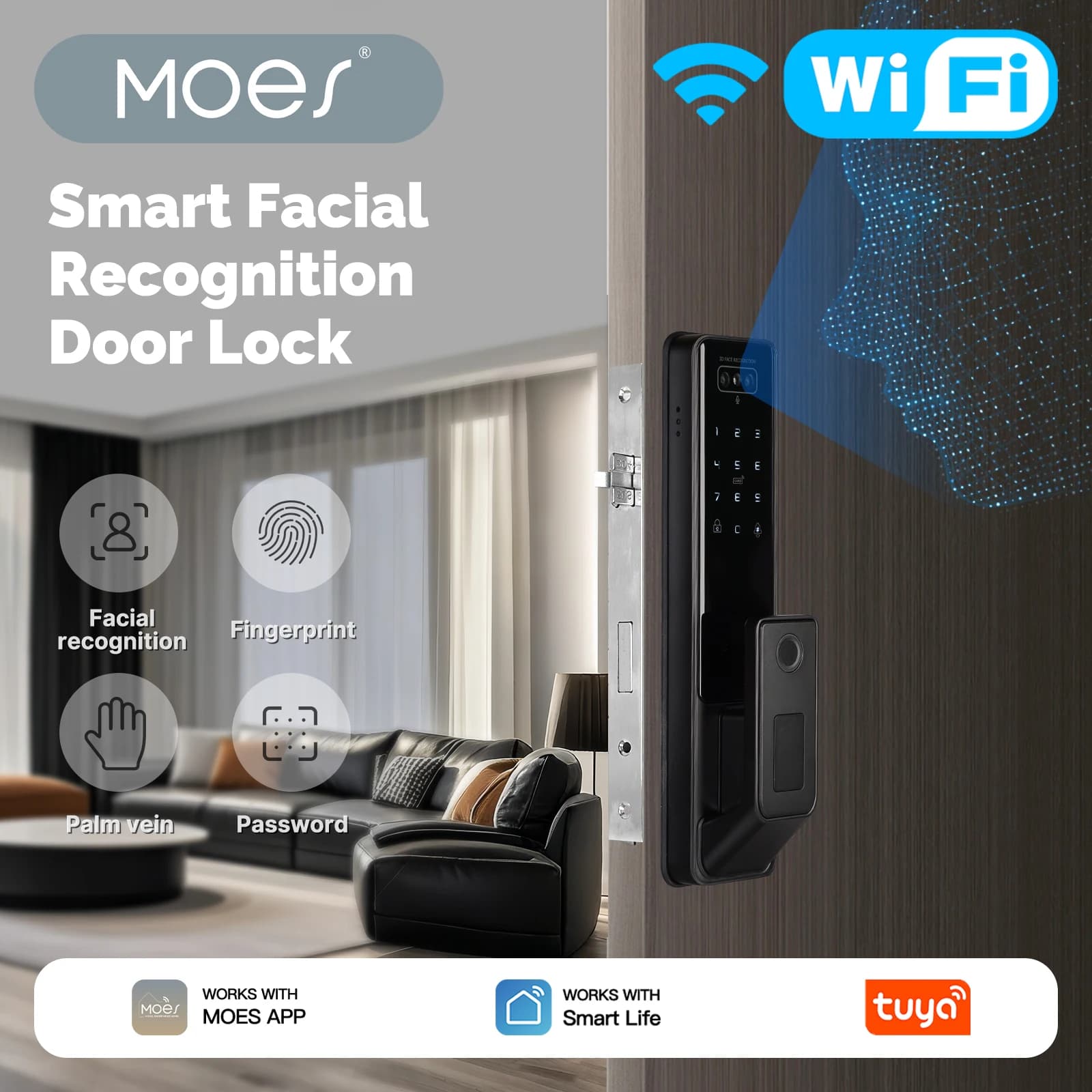 Serratura Intelligente WiFi MOES Tuya con Riconoscimento Facciale e delle Vene Palmari, Sblocco Remoto con Impronta Digitale, Password, Carta IC, Alimentazione a Batteria per Interni