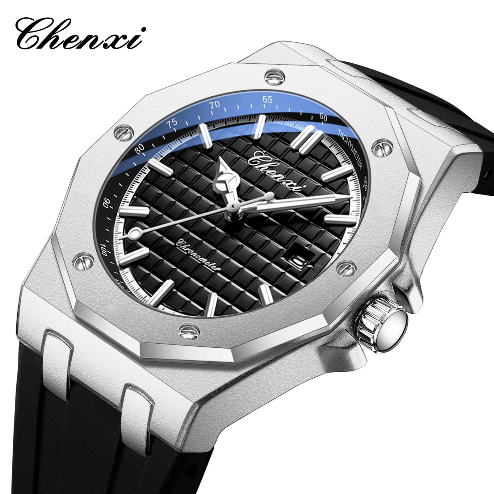 CHENXI 8268 Orologio al quarzo da uomo premium alla moda con luce notturna, cinturino in silicone, calendario impermeabile, orologio da uomo casual con texture regalo