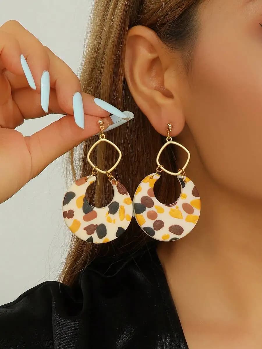 Terrazzo-Print Polymer Clay Hoop Earrings With Geometric Gold-Tone Frame, Lightweight Boho Chic Drop Design For Women