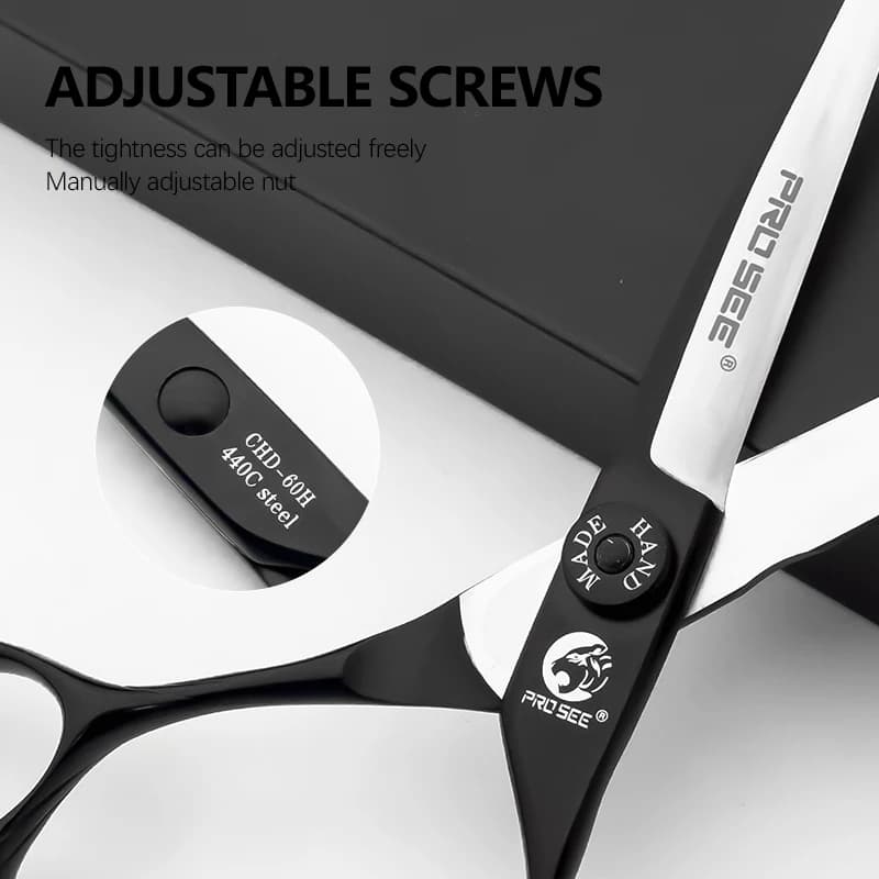 PROSEE Professional 6 Inch 440C Barber Hair Scissors Black Teflon White Laser Engraved Cutting & V-Tooth 25-30% Thinning Shears