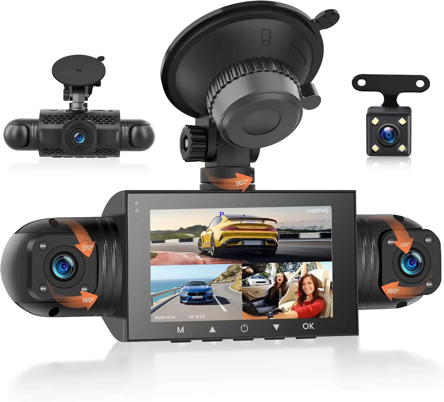 Dash Cam to 4 Channels with 360 Degree Vision, Front, Rear, Interior, Left & Right, Car Camera with Night Vision Integrated, 24/7