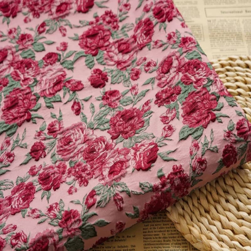 garden full of roses Jacquard Fabric 3D Texture Red Rose for Dress Clothing Designer Fashion Apparel Material Sewing Cloth