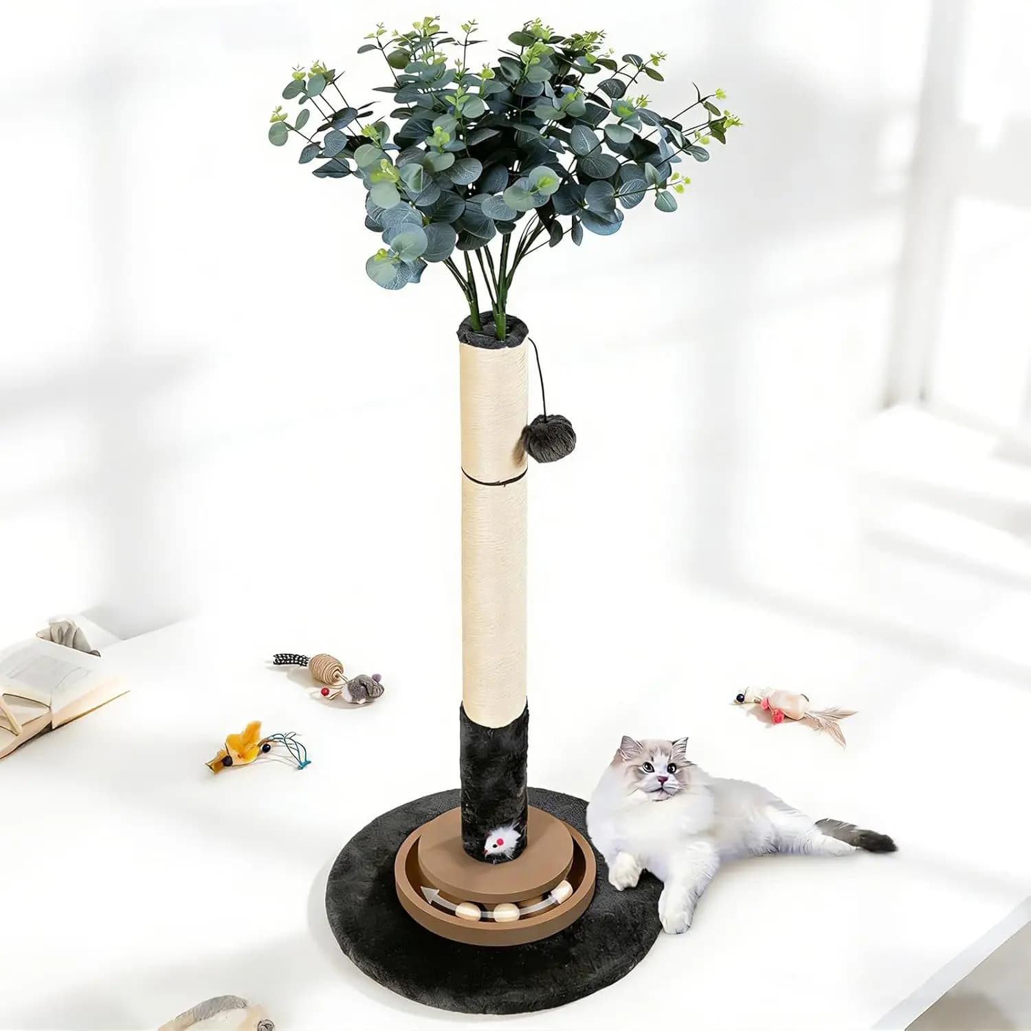 Tiragraffi per Gatti da 35 Pollici con Palla Sospesa e Giocattolo a Forma di Topo, Albero in Corda di Sisal Resistente per Gatti da Interno