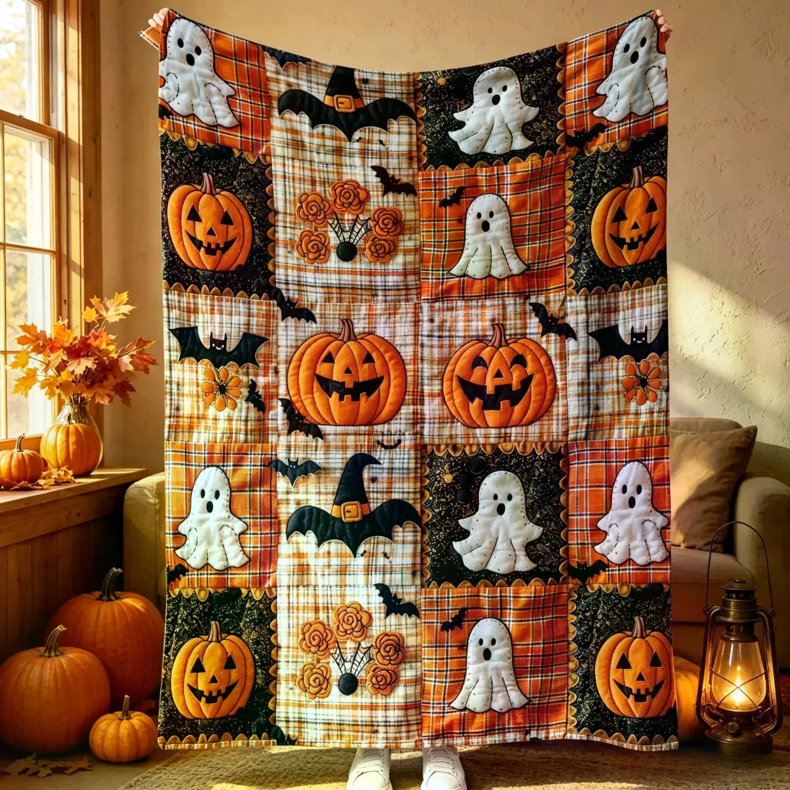 Halloween Pumpkin Ghost Bat Plaid Patchwork Flannel Blanket, Soft Warm Cozy Lightweight Throw Blanket for Kids Adults, Sofa Bed Couch Bedroom Living Room, Fall Autumn Home Decor Halloween Gift