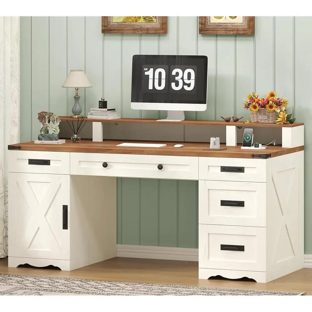 55 Directional desk with old white armrests with drawers, storage shelves, sockets and monitor support