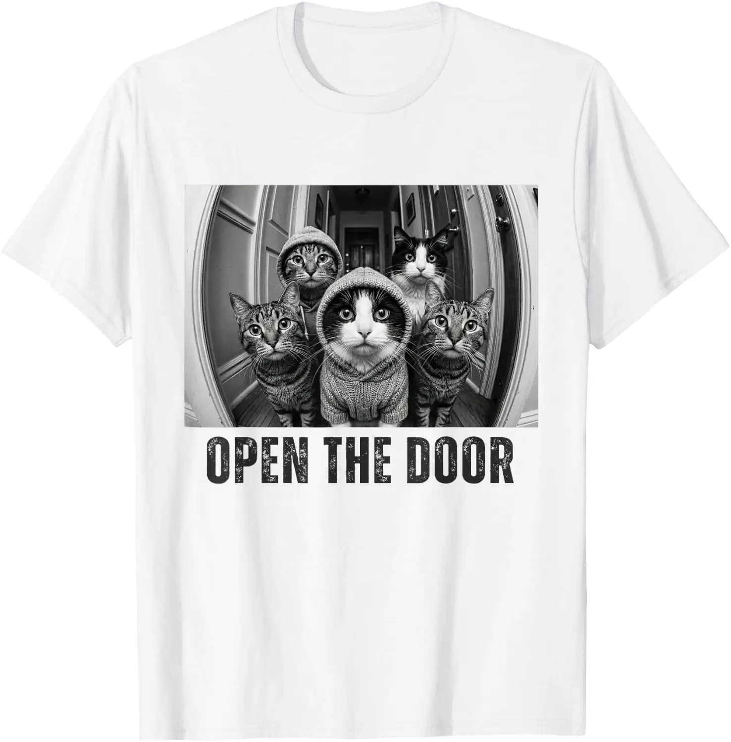 Vintage Open The Door Cat Gang Funny Meme Sarcastic T-Shirt 100% Cotton Trendy Y2K Short-Sleeve Tee – Soft, Quick-Drying, &