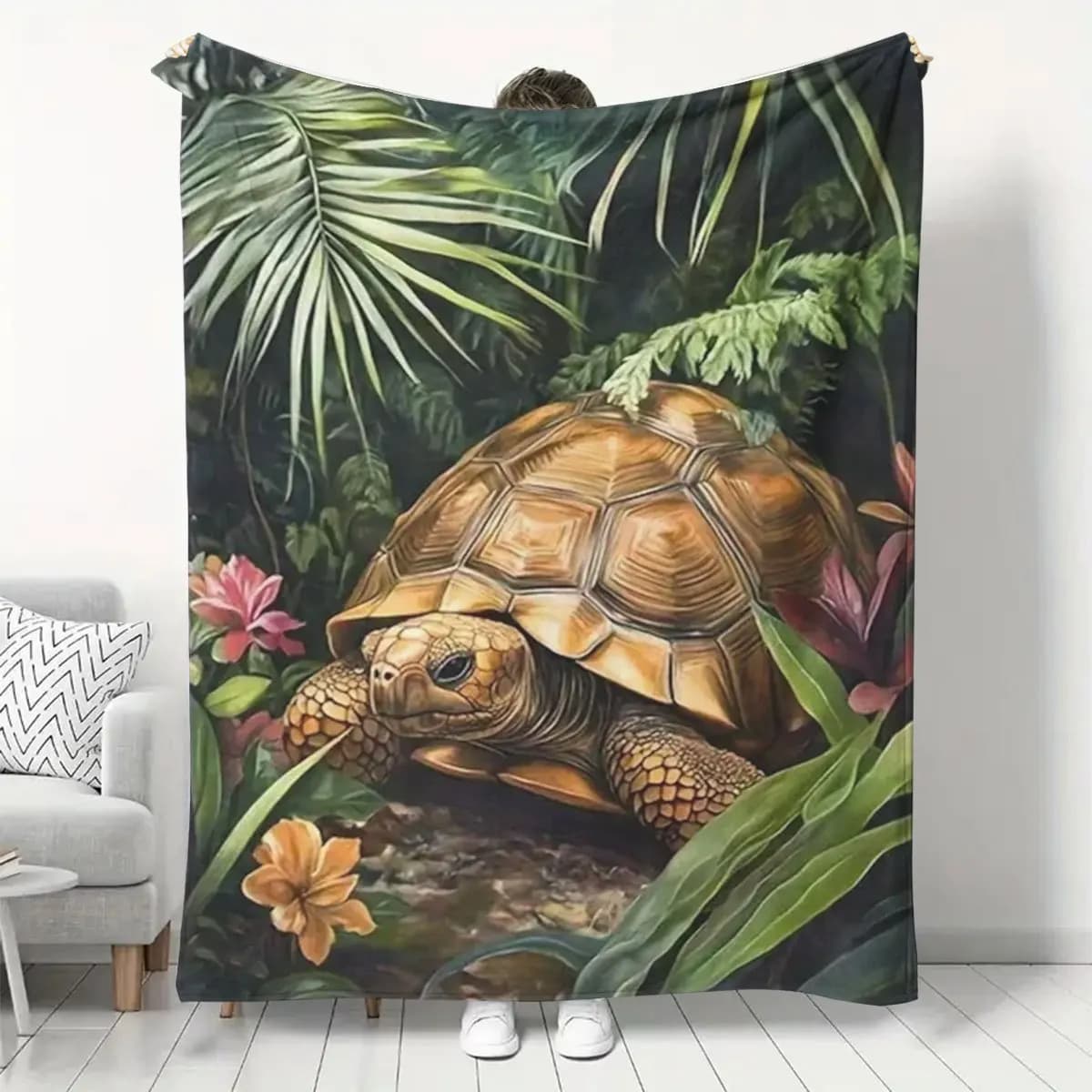 Coperta in flanella con tartaruga tropicale, morbida, calda e leggera, per tutte le stagioni, per divano, ufficio, viaggio, regalo con stampa giungla vibrante
