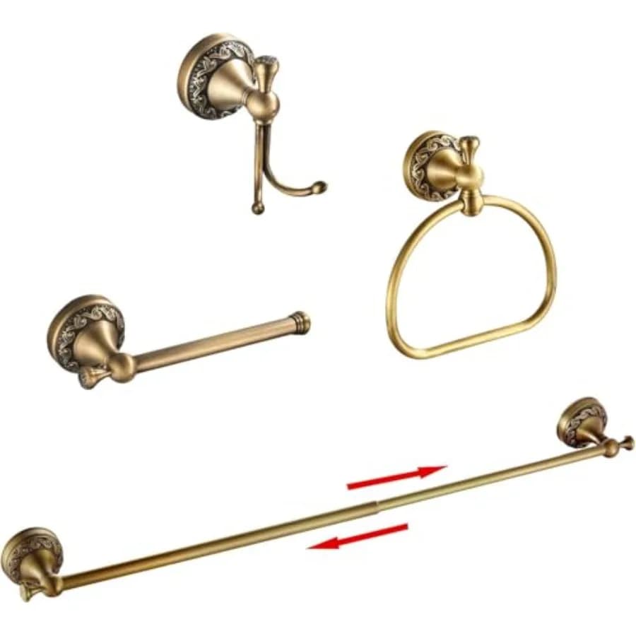 Set di Accessori Bagno 4 Pezzi in Ottone Anticato: Porta Carta Igienica, Anello Porta Asciugamani, Gancio Porta Accappatoio e Porta Asciugamani da Parete Regolabile