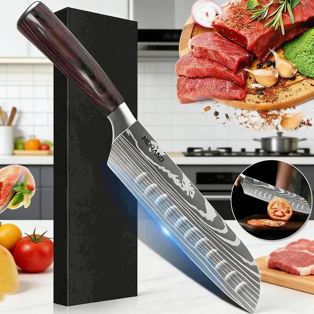 Elegante Coltello Santoku da 7 Pollici, Acciaio 7CR17 con Motivo Damascato al Laser, Manico Ergonomico in Pakka, Raffinato Coltello da Cucina Affilato con Confezione Regalo