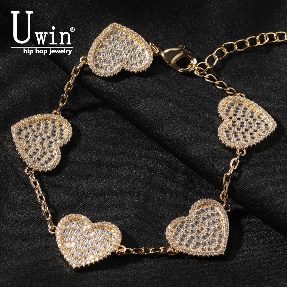 UWIN 5 Hearts bracciale Iced Out Baguettecz Cubic Zirconia Fashion Luxury Hiphop Jewelry