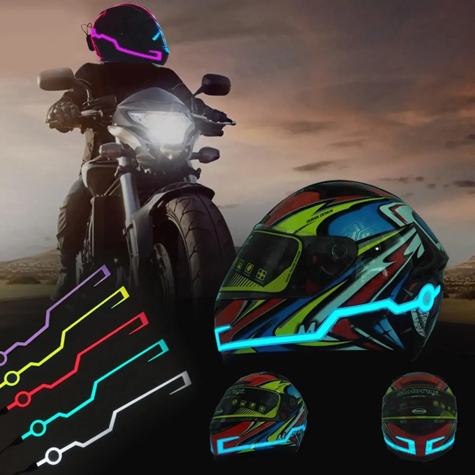 Waterproof Motorcycle Bike Helmet LED Cold Light Strip EL 4 Flashing Warning Lights Night Driving Helmet Kit Accessories