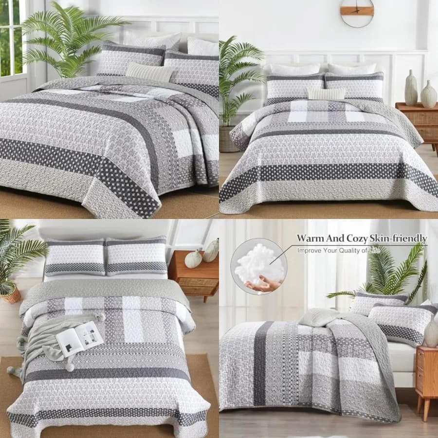 Set Copriletto Trapuntato Bohemien a Righe, 3 Pezzi, Leggero in Microfibra, per Tutte le Stagioni