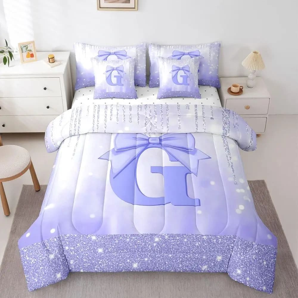 Set Copripiumino 7 Pezzi Queen con Lenzuola, Iniziale G, Set Completo per Letto, Biancheria da Letto Glitterata per Bambini e Adolescenti, Set Camera da Letto con Fiocco e Alfabeto