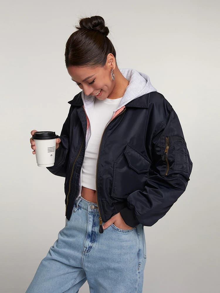 DiscoGlam American Retro High-End Cotton Jacket Short Collar Pilot Jacket Women's Winter Thickened Long Sleeve Zipper Pure Color