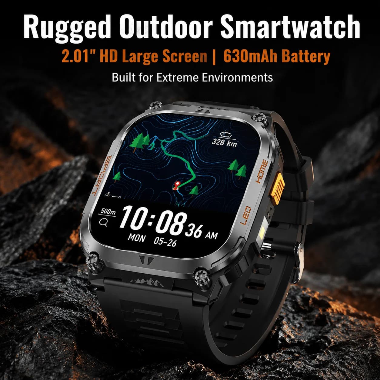 Smartwatch GPS AMOLED da 2,01 Pollici con Chiamate Bluetooth, Bussola, Altimetro, Torcia, Batteria a Lunga Durata, Fitness, Nuoto, Outdoor, Militare per Uomo