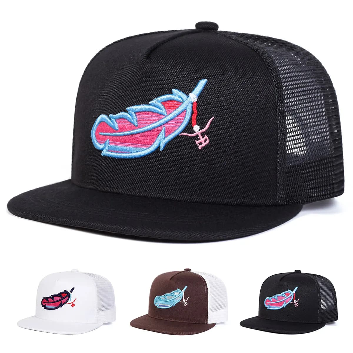 Cappelli a rete hip-hop con ricamo di piume colorate unisex Cappelli da baseball casual regolabili per esterni primavera estate Cappello per protezione solare