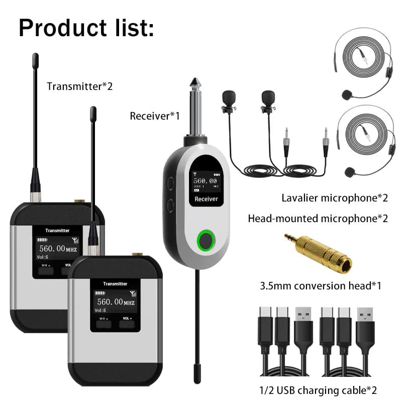 Sistema microfonico wireless doppio UHF Microfono per cuffie/Microfono stand up/Microfono lavalier con trasmettitore e ricevitore ricaricabili