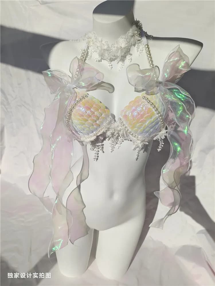 RM Reggiseno bikini con conchiglia di paillettes a sirena fatto a mano Oceanarium Bar Tavolo Performance Costume in pelle a coda di pesce