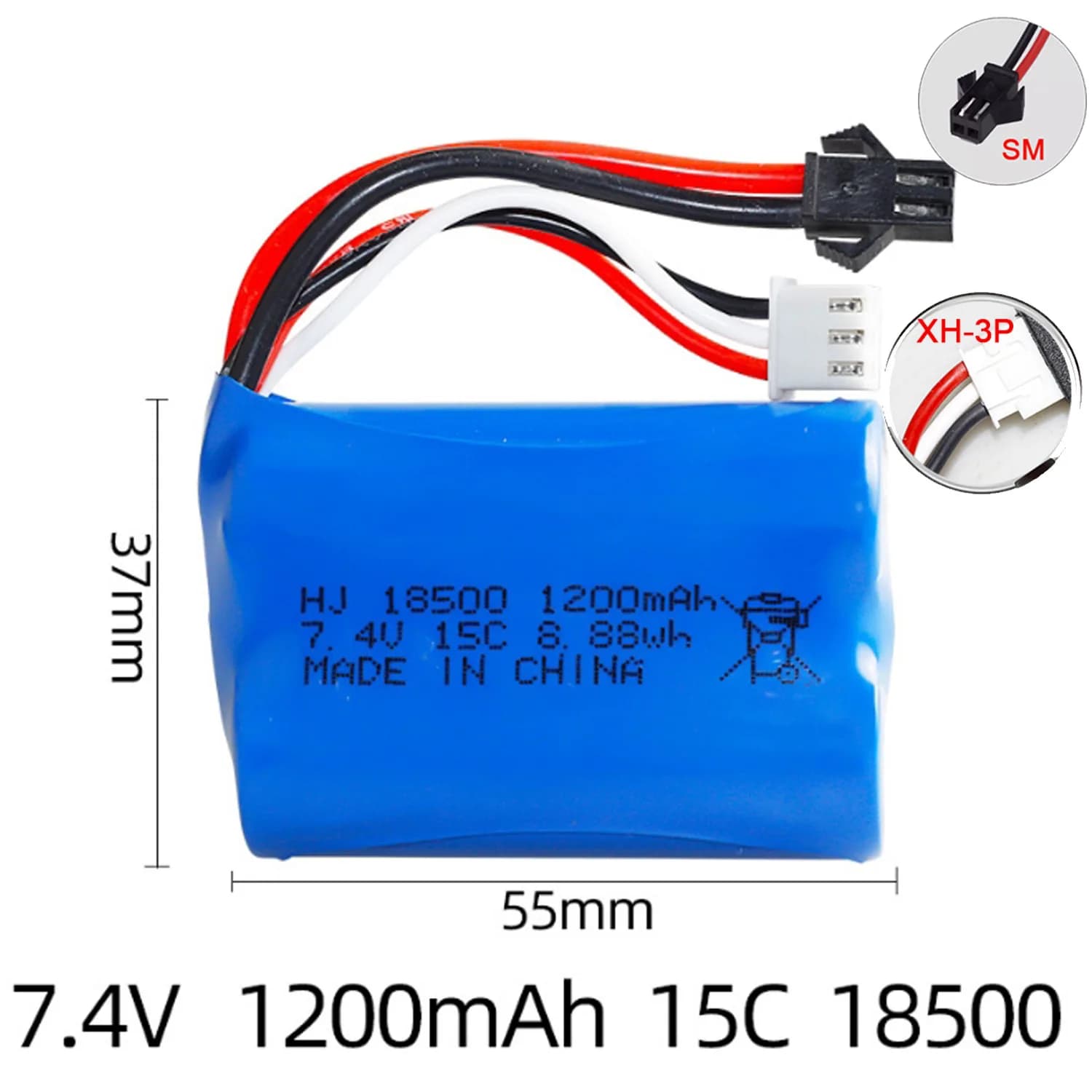 Batteria con spina SM-2P da 7,4 V 15C 1200 mAh per giocattoli per barche drone elicottero RC