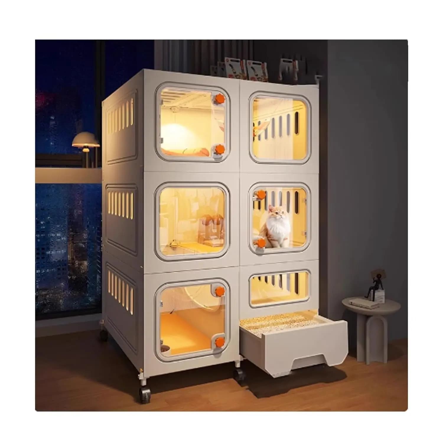 Gabbia per Gatti da Interno con Lettiera, Pannelli Trasparenti e Lati Forati, Recinto Ventilato per Animali Domestici, 70x45x113cm, Personalizzabile