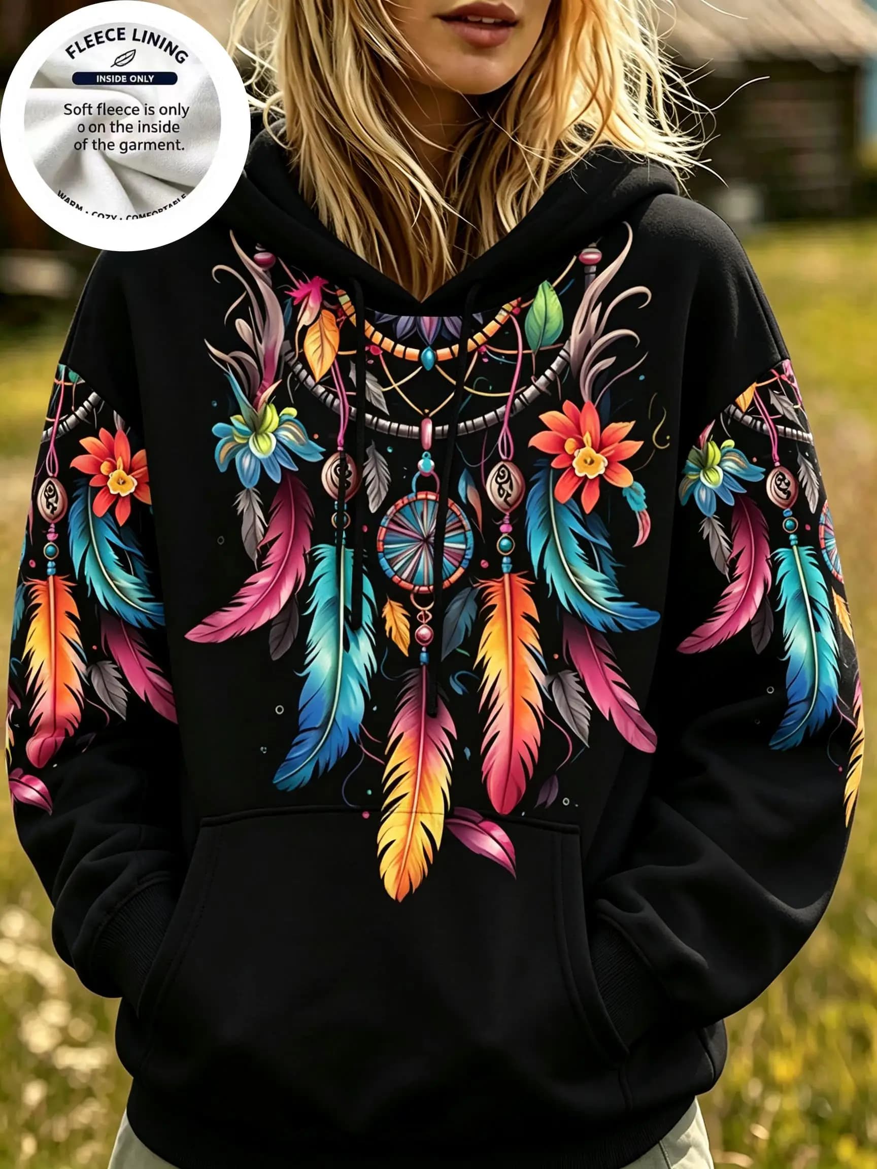 Bohemian Tribal Feather Dreamcatcher Fleece Hoodie for Women, Colorful Floral Full Print Long Sleeve Hooded Pullover