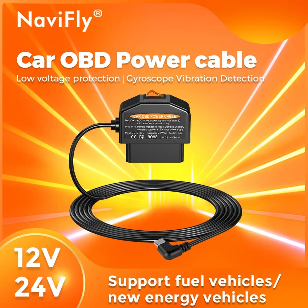 NaviFly Car OBD Power Cable Low Voltage Protection Cable length 35MM 24 hours with switch for Dash Cam Camera Vehicle DVR