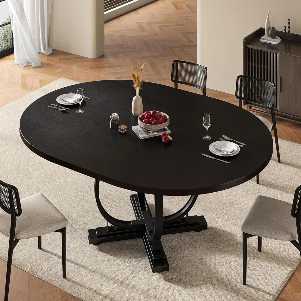 Tavolo da pranzo rotondo allungabile da 59" per 4-6, tavolo da cucina ovale moderno con gambe curve resistenti e legno a base di X, pannello in MDF con