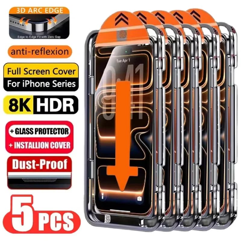 5PCS Easy Install HD Screen Protector For iPhone 17 16 13 Pro Max 11 15 14 16e 12 Mini XR X Xs 7 8 Plus Air Tempered Glass