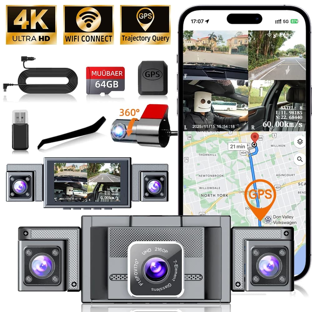 Car DVR Support 4K Dash Cam GPS 4K Front WIFI and camera left/right/rear 1080P Video recorder for night vision four lenses Black box