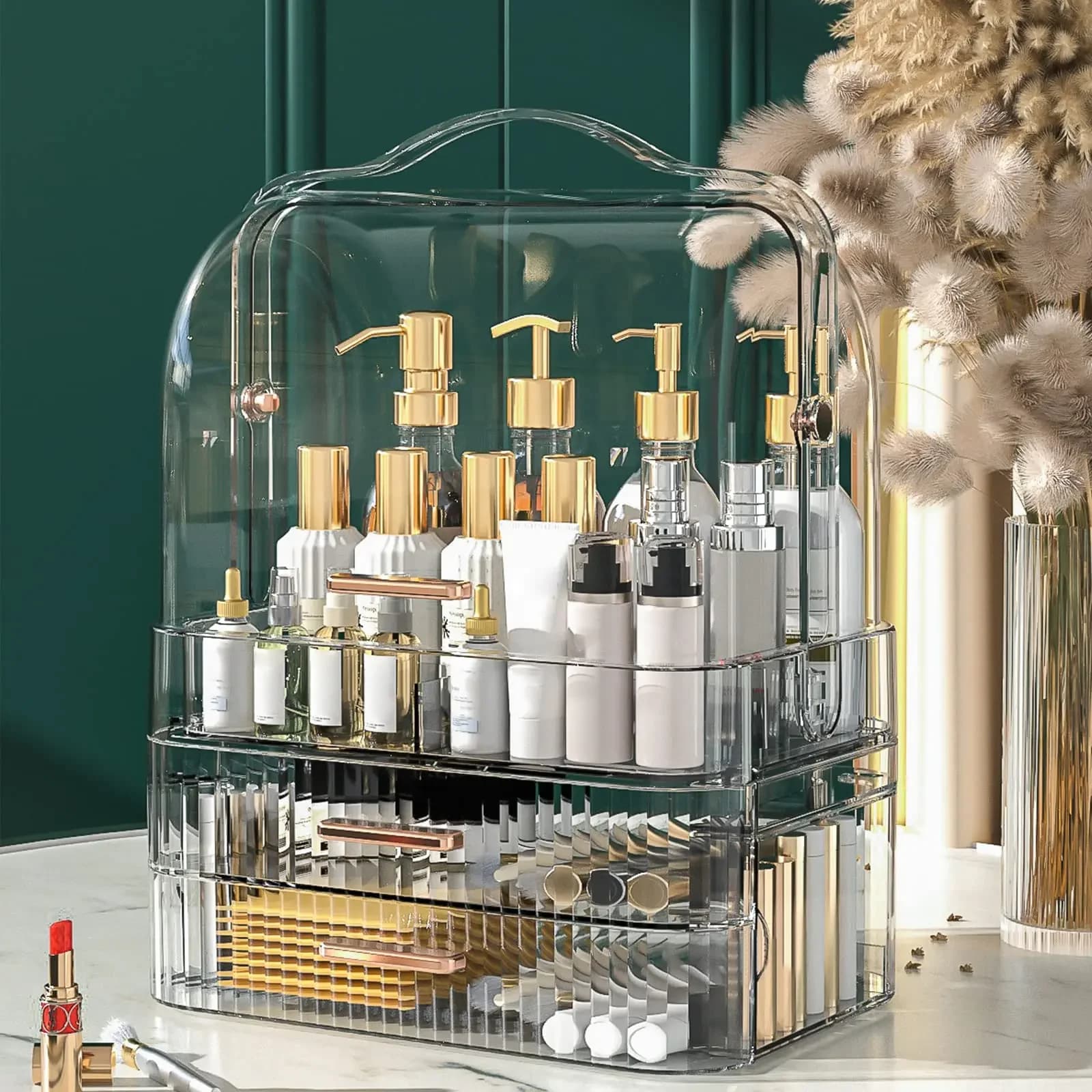 Cosmetic Door Box with Transparent Cover, Large Organizer for Makeup with Drawers, Portable Handle, Skincare Product Display for Bath and Toletta