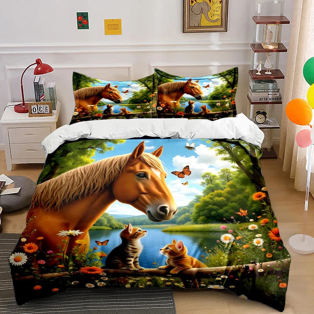 Set di biancheria da letto con stampa cavallo e gattini nella foresta, morbido e confortevole, include 1 copripiumino e 2 federe, regali di lusso