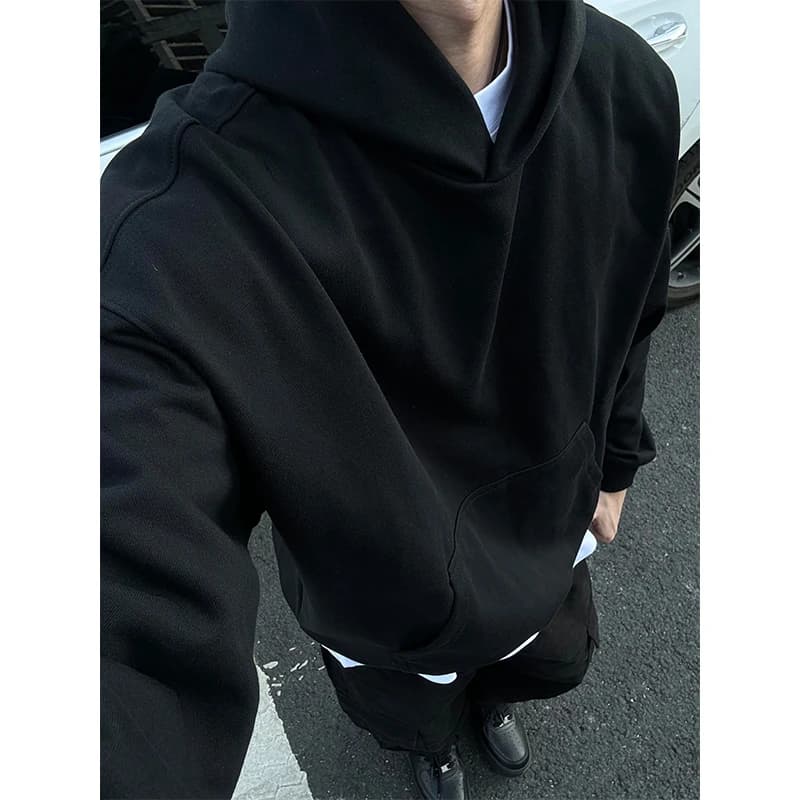 Felpa con Cappuccio da Uomo in Pile Nero Puro, Pullover Oversize Ispessito, Giacca Casual Comoda Pesante per Autunno Inverno