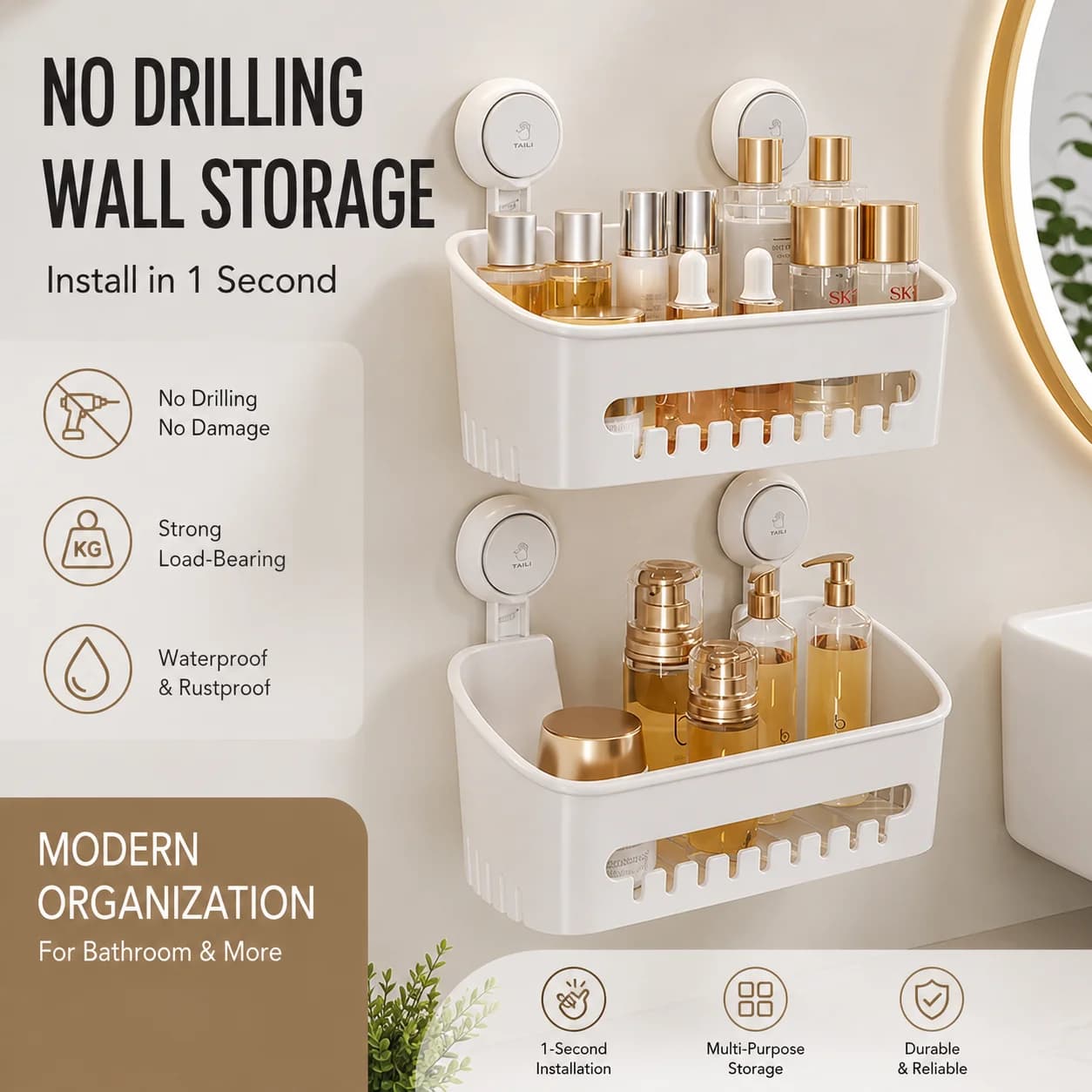 1/2PCS No Drill Suction Cup Bathroom Storage Rack Wall Mount Holder Makeup Organizer Toliet Shampoo Holder Kitchen Organizer