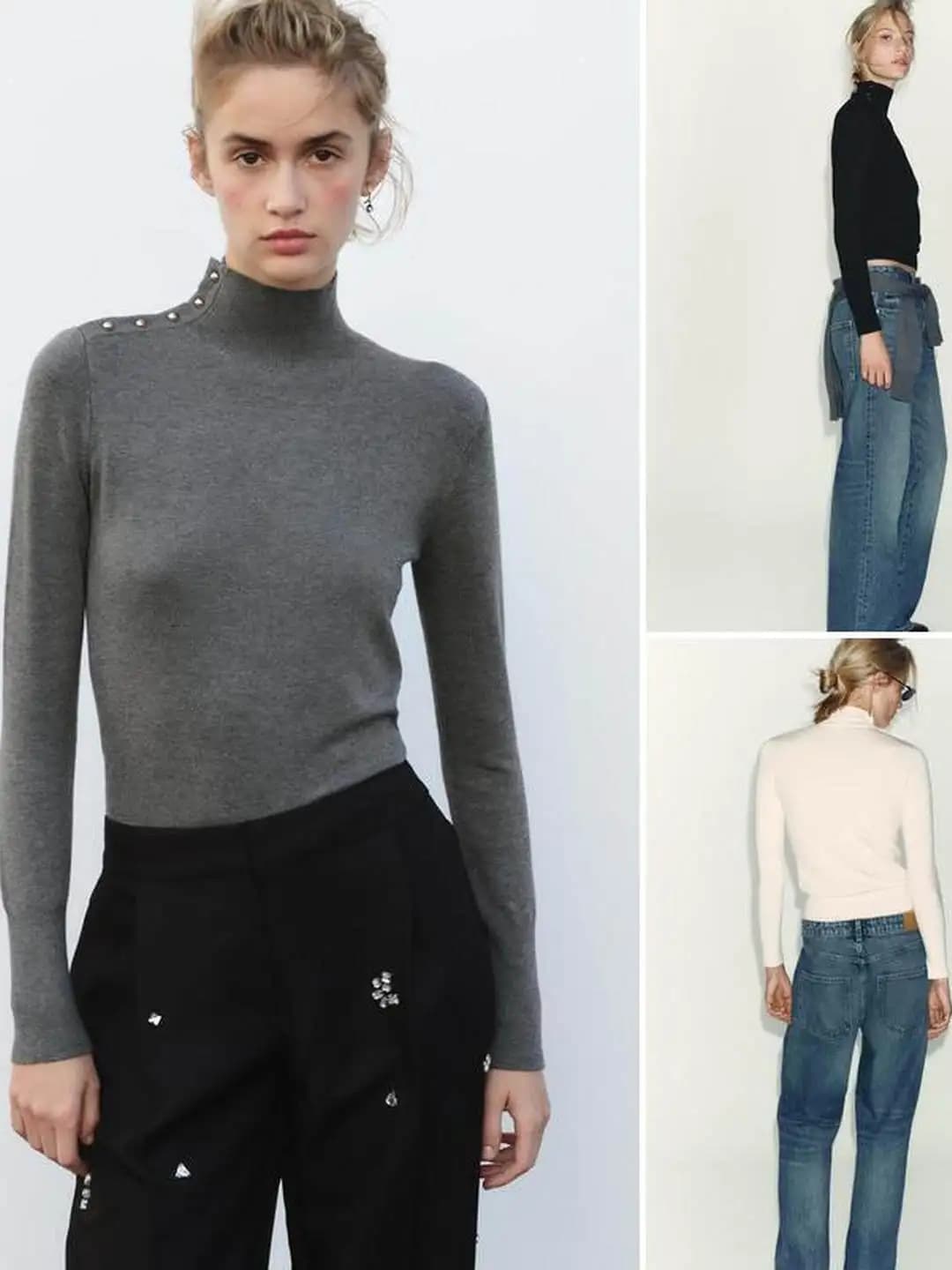 Strato placcato oro lavorato a maglia lungo Sve irt colletto alla coreana decorazione ago piatto inizio autunno Faion donna Soft Fit pe