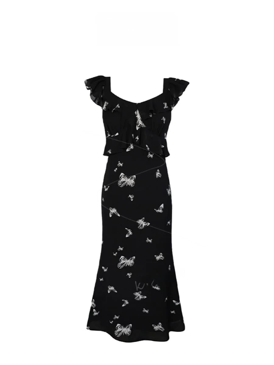 plus Size Black Print Maxi Dress Women's Summer Slimming A-Line Chiffon Fish Tail Skirt with Puffy Sleeves Korean S...