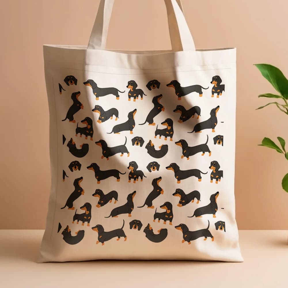 1pc, Playful Dachshund Canvas Tote Bag Reusable Grocery Bags (35.05cm x 40.13cm), Stylish Dog Lover's Tote for Daily Shopping, C