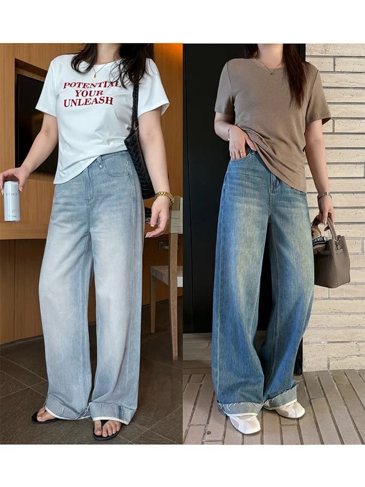 plus Size Women's Jeans High Waist Straight Leg Casual Roll up Denim Pants Versatile plus Size Sister American Style Loose Fit