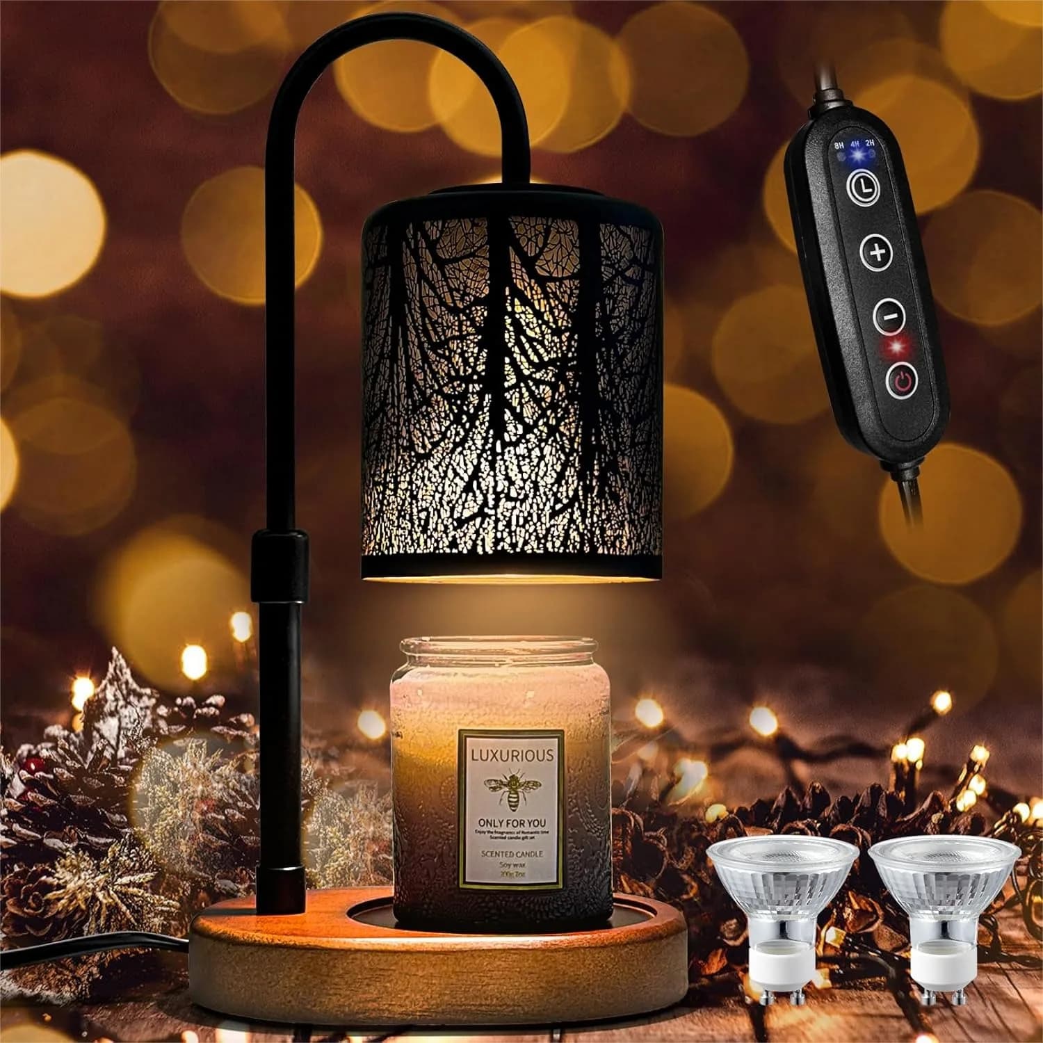 Scaldacandele con Timer e Dimmer, Scalda Cera Elettrico Regolabile in Altezza per Candele in Vaso, Arredamento Vintage per la Casa, Nero