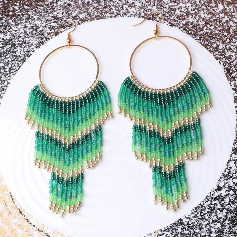 ZGMXR Rice bead earrings Circle Tassel Arrow Bohemia Gradient color Hand knitting Alloy Design Fashion Simple Beaded earrings