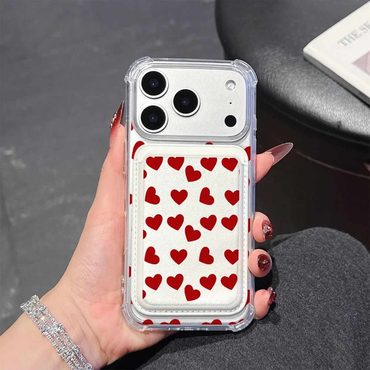 Custodia per telefono a griglia con cuore rosso per iPhone 17 16 15 14 13 Pro Max Plus, con tasca portafoglio, trasparente in morbido TPU, compatibile con custodie magnetiche